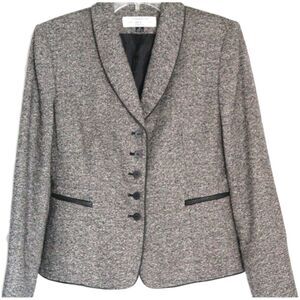 Tahari Arthur S Levine Blazer Wool Blend Fitted Gray Black Piping Accents Sz 4P